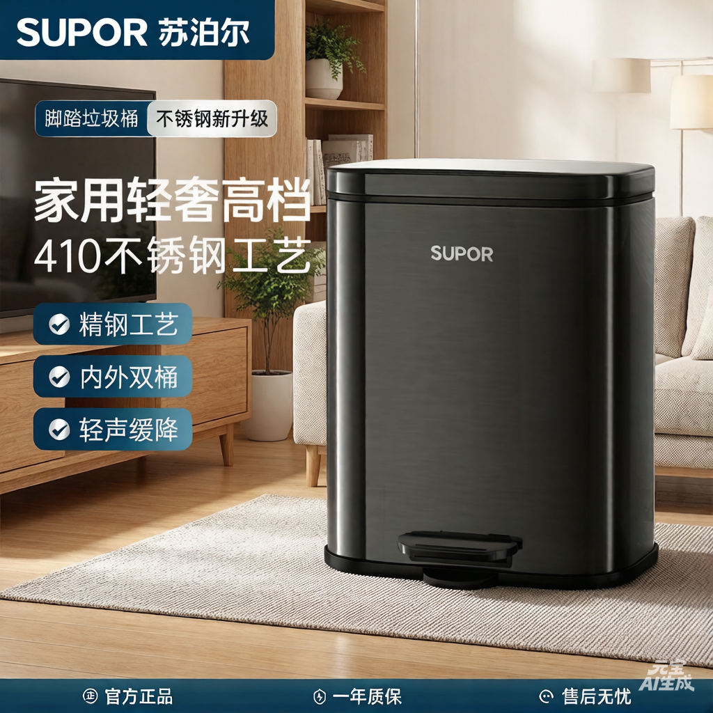 苏泊尔不锈钢脚踏垃圾桶大容量客厅厕所卫生桶厨房脚踩带盖高颜值