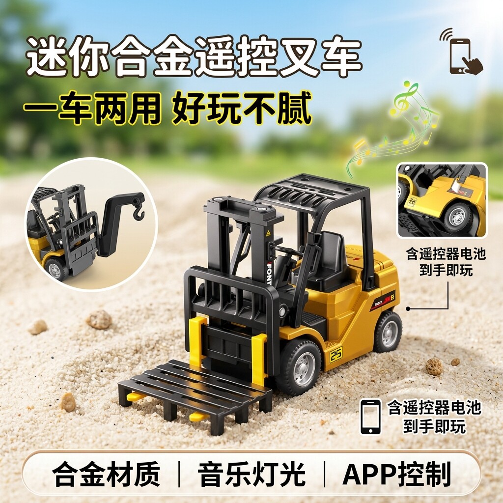 1:64 迷你遥控合金叉车手机 APP 操控可换吊臂儿童仿真工程车摆件