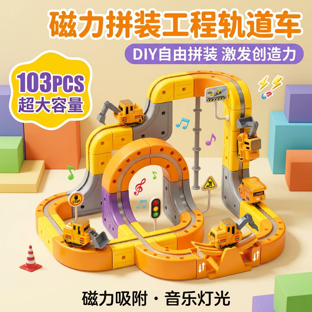 儿童 DIY 磁力工程轨道积木车自动爬升灯光音乐男孩拼装玩具