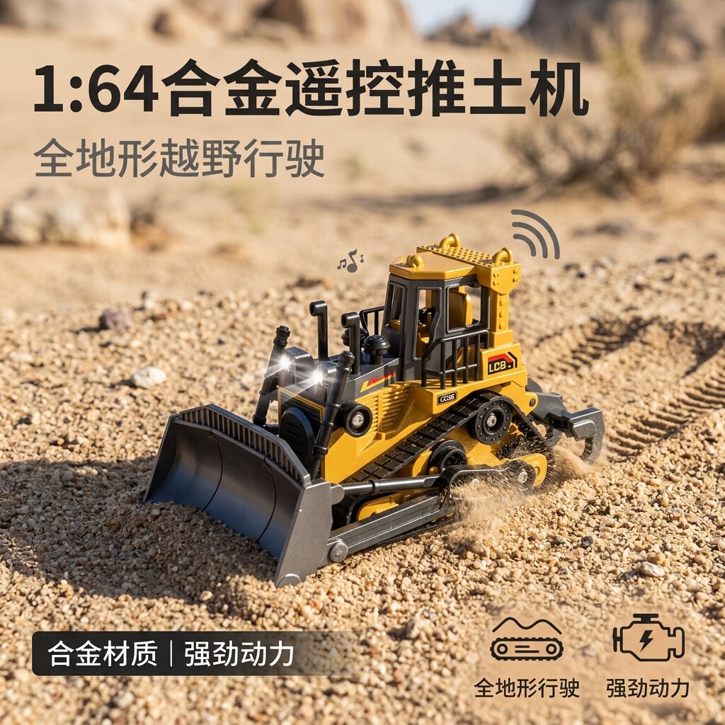 新款1:64履带遥控推土机APP遥控声光音效耐摔男孩可充电工程玩具