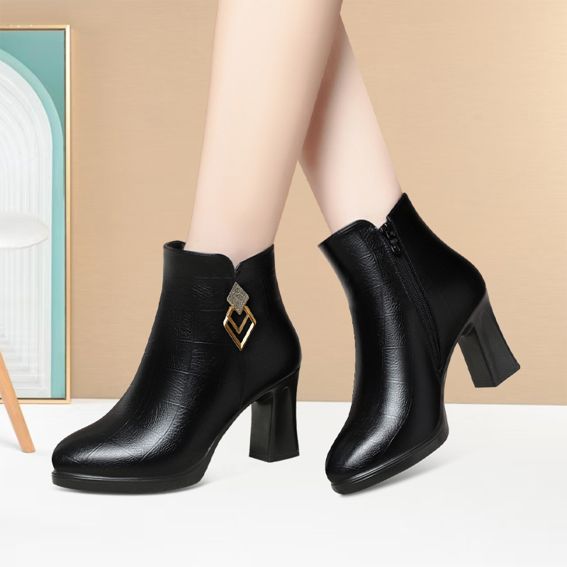 耐磨软皮旗袍皮靴新款通勤工作靴加绒女靴保暖百搭靴子粗跟时装靴