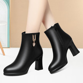 秋冬加绒百搭皮靴2025时尚 厚底粗跟简约女鞋 气质中年耐磨短筒棉靴