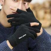 半指手套男士 秋冬季 露二指加厚保暖触屏加绒毛线防寒户外骑行针织
