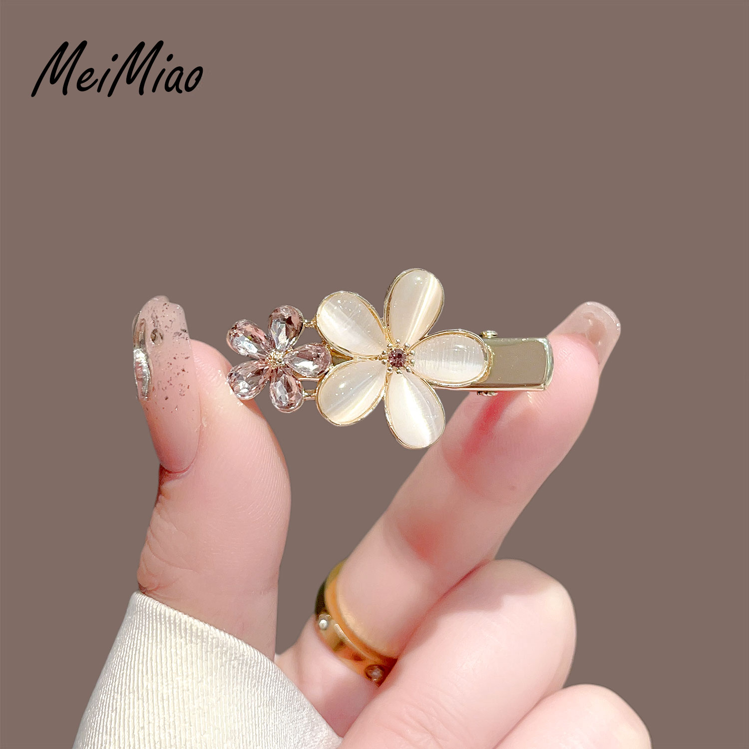 美苗~合金水晶猫眼石花朵发夹女