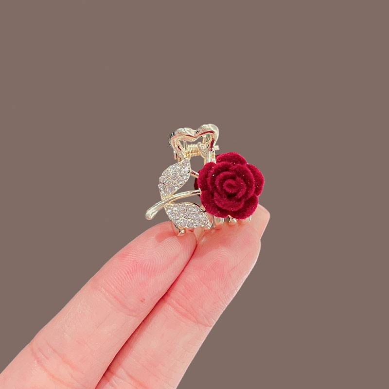 复古精致镶钻红色玫瑰花抓夹小号