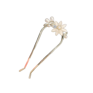 精致猫眼石花朵发簪女古风U形簪子简约现代盘发钗插梳高级感头饰