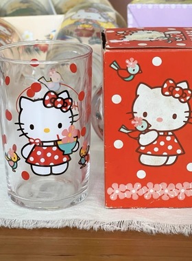 红色连衣裙HelloKitty和小鸟可爱卡通波点玻璃杯水杯果汁杯牛奶杯