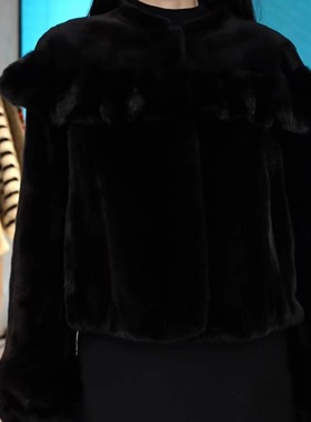 【IZUO颐着】一字肩波领短款貂绒宝嘉美金牌黑貂外套超显年轻可爱