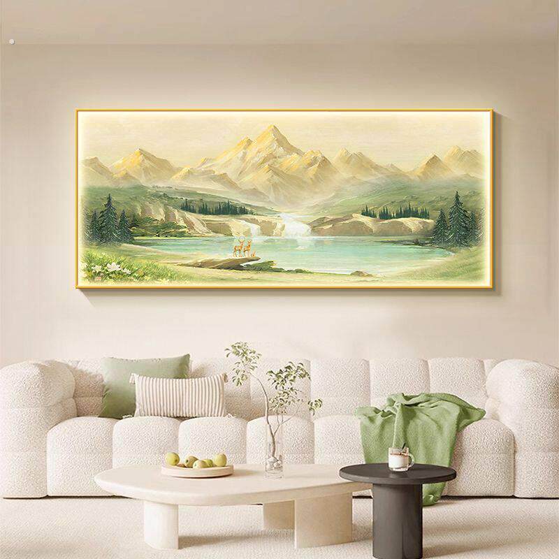 靠山图客厅发光挂画轻奢大白墙沙发背景带灯装饰画源远流长山水画