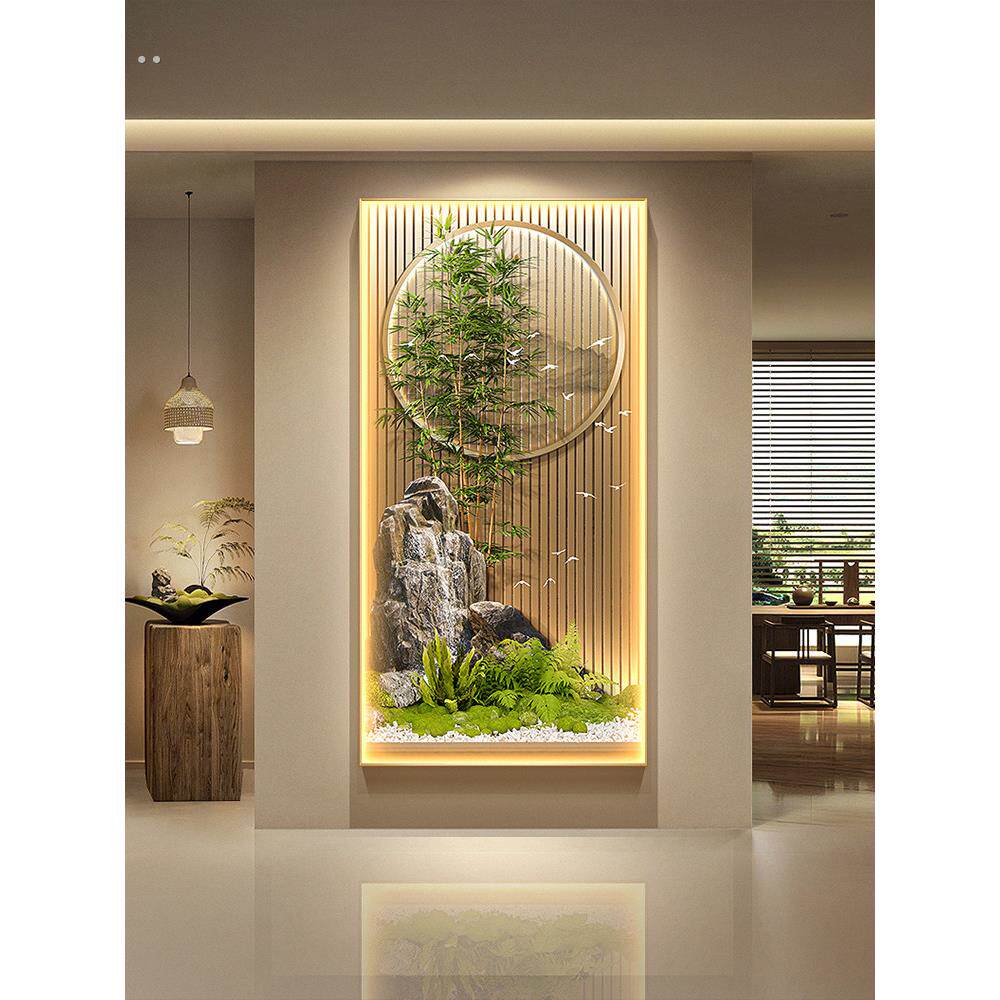 新中式流水生财玄关装饰画竹报平安走廊挂画竹子茶室入户带灯壁画