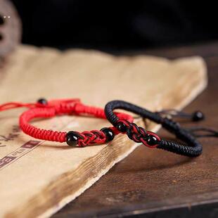 天然红玛瑙同心结情侣手链男七夕礼物送女友相思红豆手工编织手绳