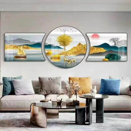 新款装饰画沙发背景墙山水挂画中式轻奢现代简约钻画卧室圆角壁画