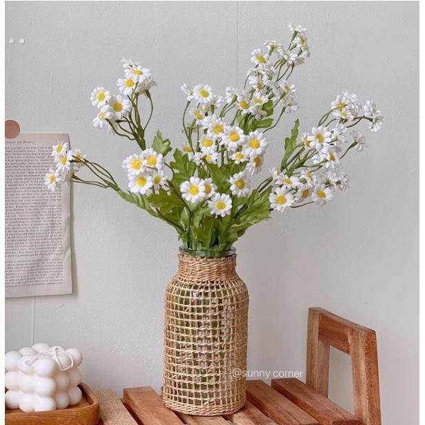 ins风草编玻璃花瓶日式藤编干花鲜花插花瓶花器家居客厅装饰摆件
