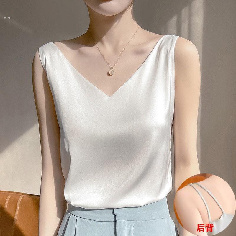 夏季真丝吊带女内搭配西装背心白色醋酸缎面V领无袖打底衫上衣