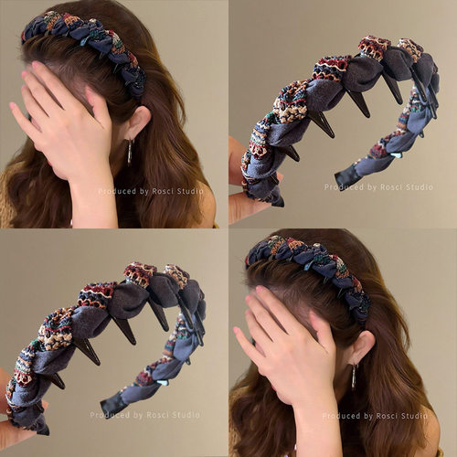 秋冬复古拼色布艺缠绕带齿防滑发箍女2025新款高颅顶头箍发卡发饰