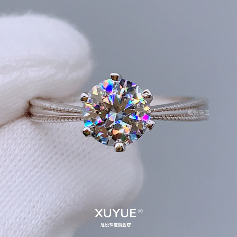 18K白金莫桑石钻戒珠边丝带六爪情侣戒指女定制婚戒高档首饰送礼