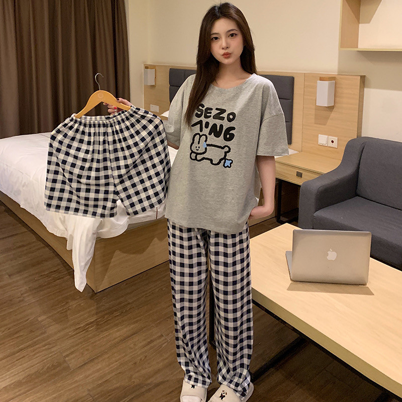睡衣女款夏季薄款纯棉短袖长裤三件套学生休闲家居服女套装可外穿