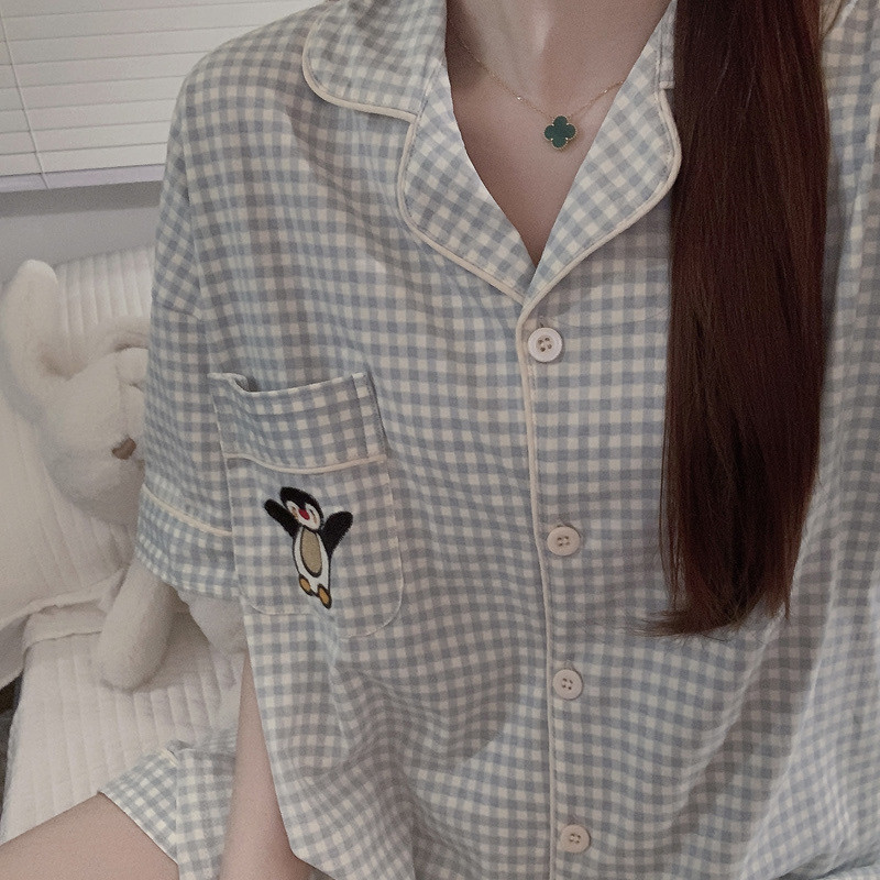格子企鹅睡衣女款春夏季短袖短裤纯棉薄款全棉可爱新款家居服套装