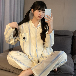 高级感条纹小黑猫纯棉睡衣女款春秋季长袖长裤可爱学生家居服套装