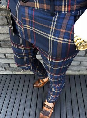 New European and American men's casual trousers Plaid Capris