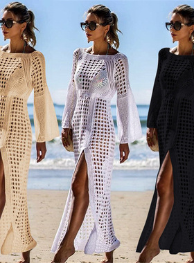 Sexyhollow knitted beach skirt split skirt度假长裙泳衣外罩衫