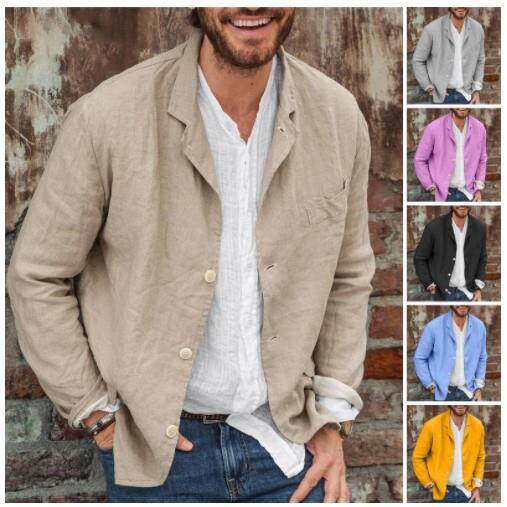 欧美男士潮流休闲宽松棉麻长袖开衫西装外套casual blazer men。