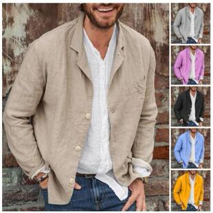 欧美男士潮流休闲宽松棉麻长袖开衫西装外套casual blazer men。