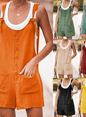 Solid color patch pocket tie cotton and linen overalls背带裤