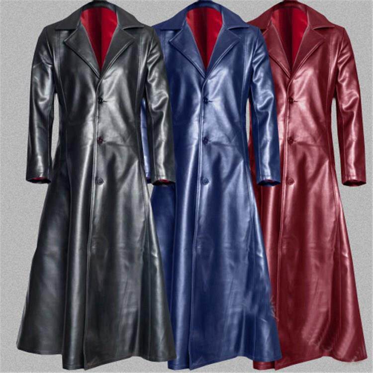欧美外贸爆款纯色翻领紧身钮扣男式PU长版皮衣Trench coat men。