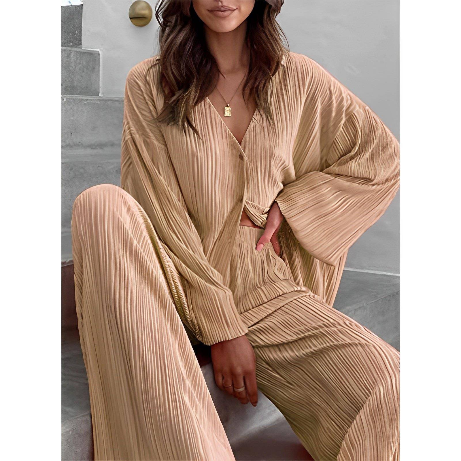 女春季纯色压褶单排扣上衣高腰阔腿喇叭裤家居服套装Casual set