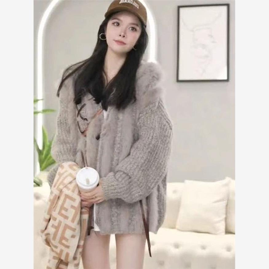 2025新款韩版超好看毛毛拼接飘带连帽毛衣外套宽松慵懒针织开衫女