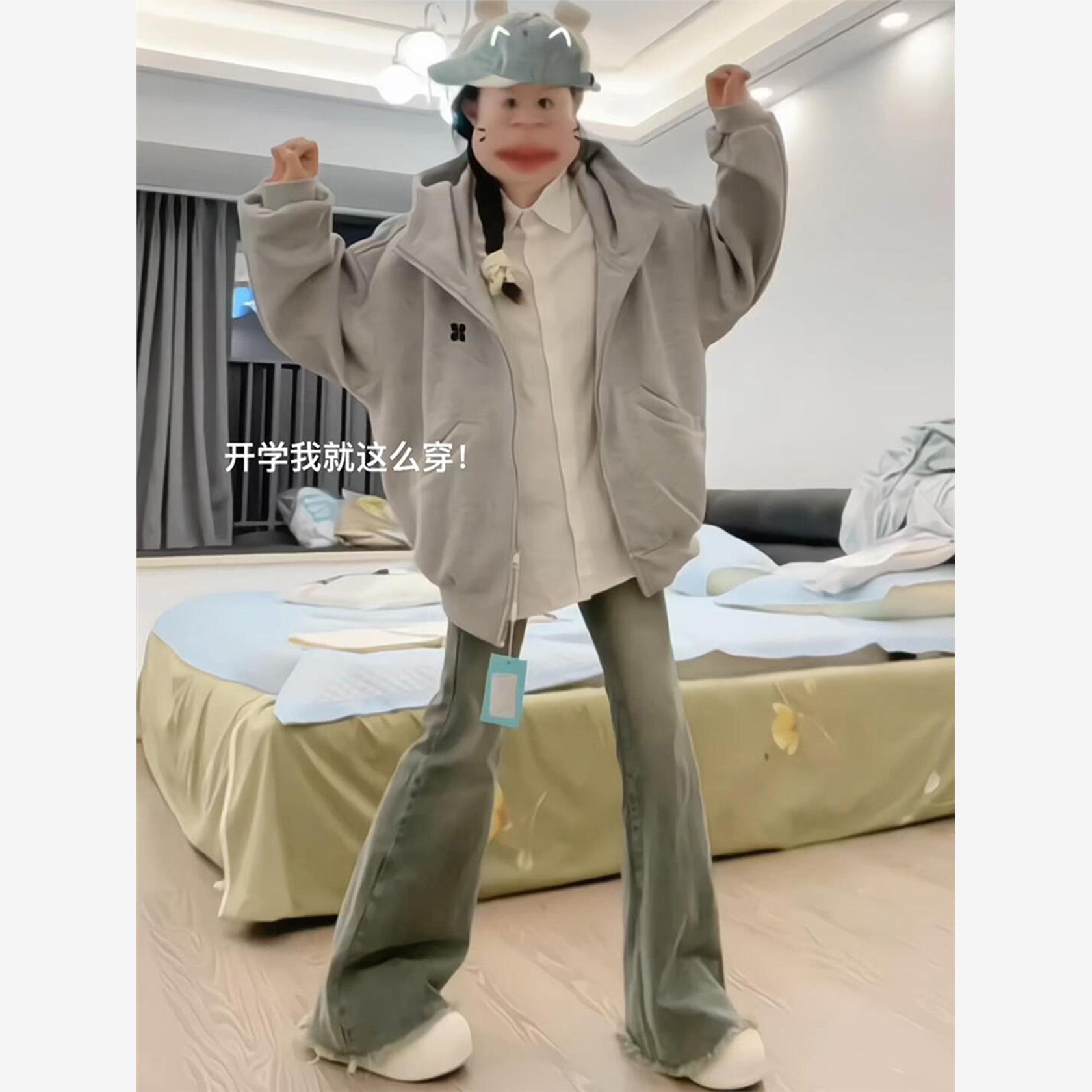 美式覆古拉炼开衫连帽卫衣女春秋宽松设计简约学院风休闲百搭外套