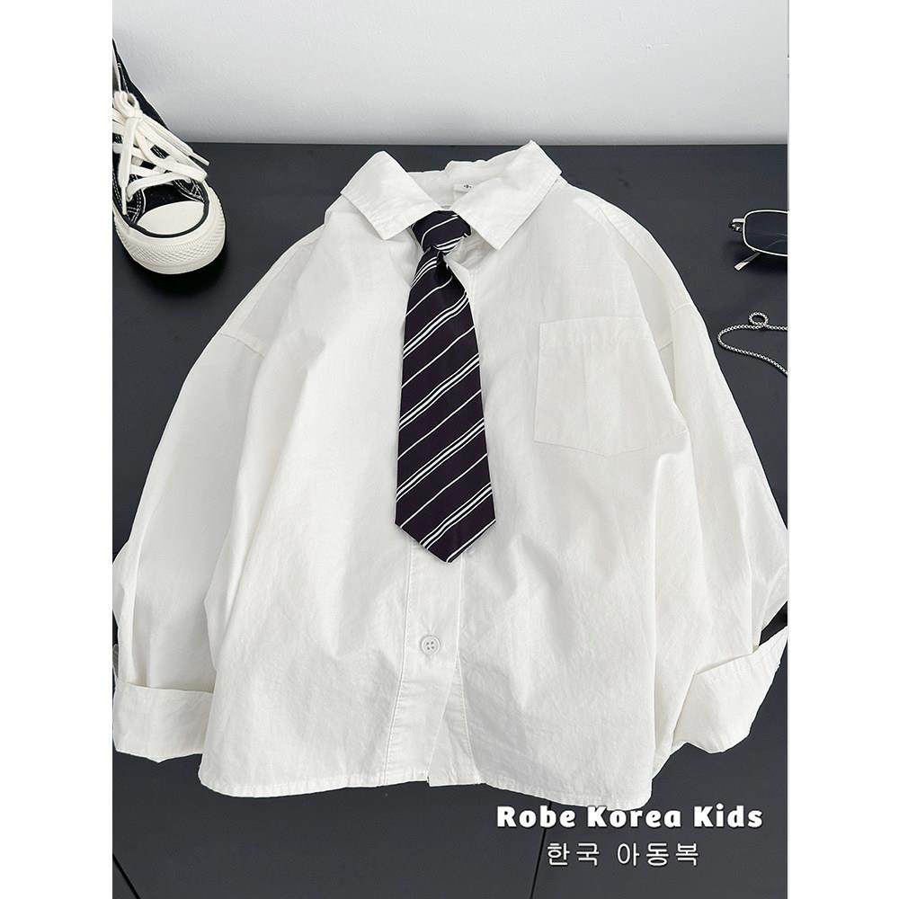 Robe韩国童装中大童衬衣春秋学院风长袖上衣带领带男童白色衬衫