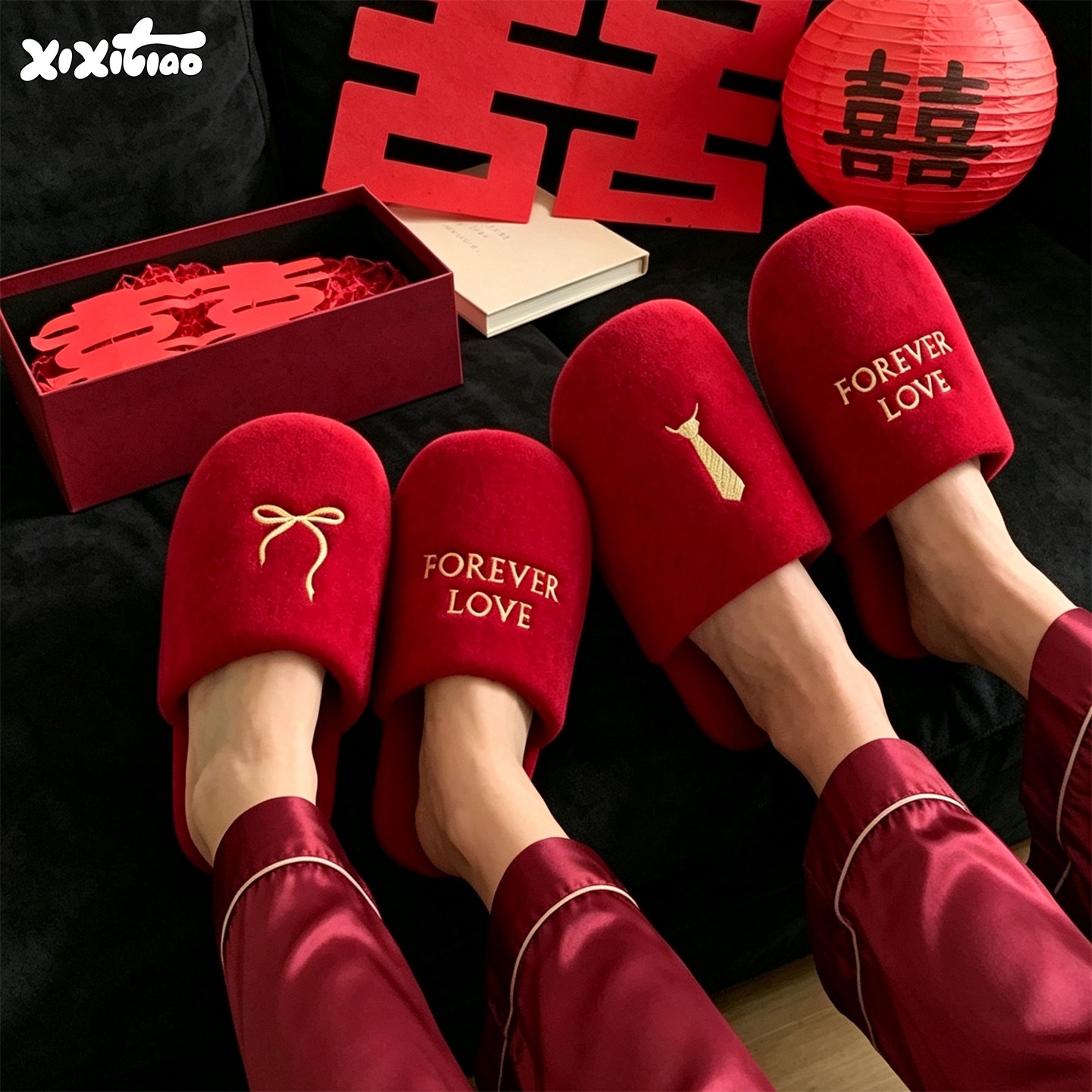 细细条 男女四季居家红色新婚地板鞋情侣款时尚刺绣英文棉布拖鞋