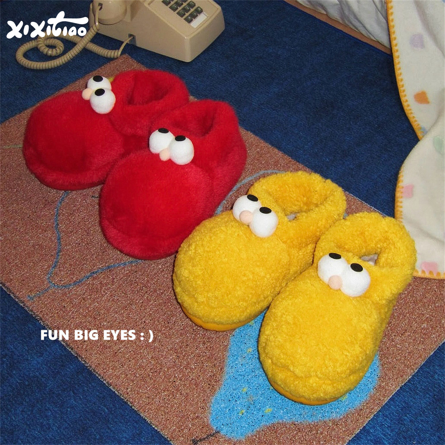 细细条 冬天保暖女学生趣味眼睛毛毛靴子防滑可爱大头短筒棉鞋ins,女鞋,棉鞋,淘宝优惠券,粉丝福利购,淘宝优惠卷