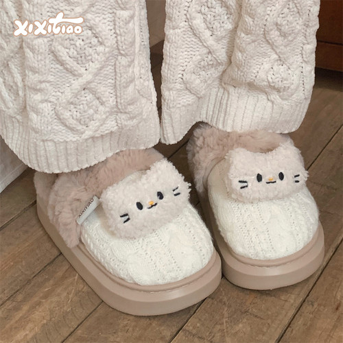 ins可爱小猫咪厚底保暖棉拖鞋