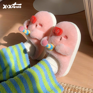 细细条 冬软萌少女心可爱生日帽小猪棉拖鞋毛绒绒居家鞋月子鞋女