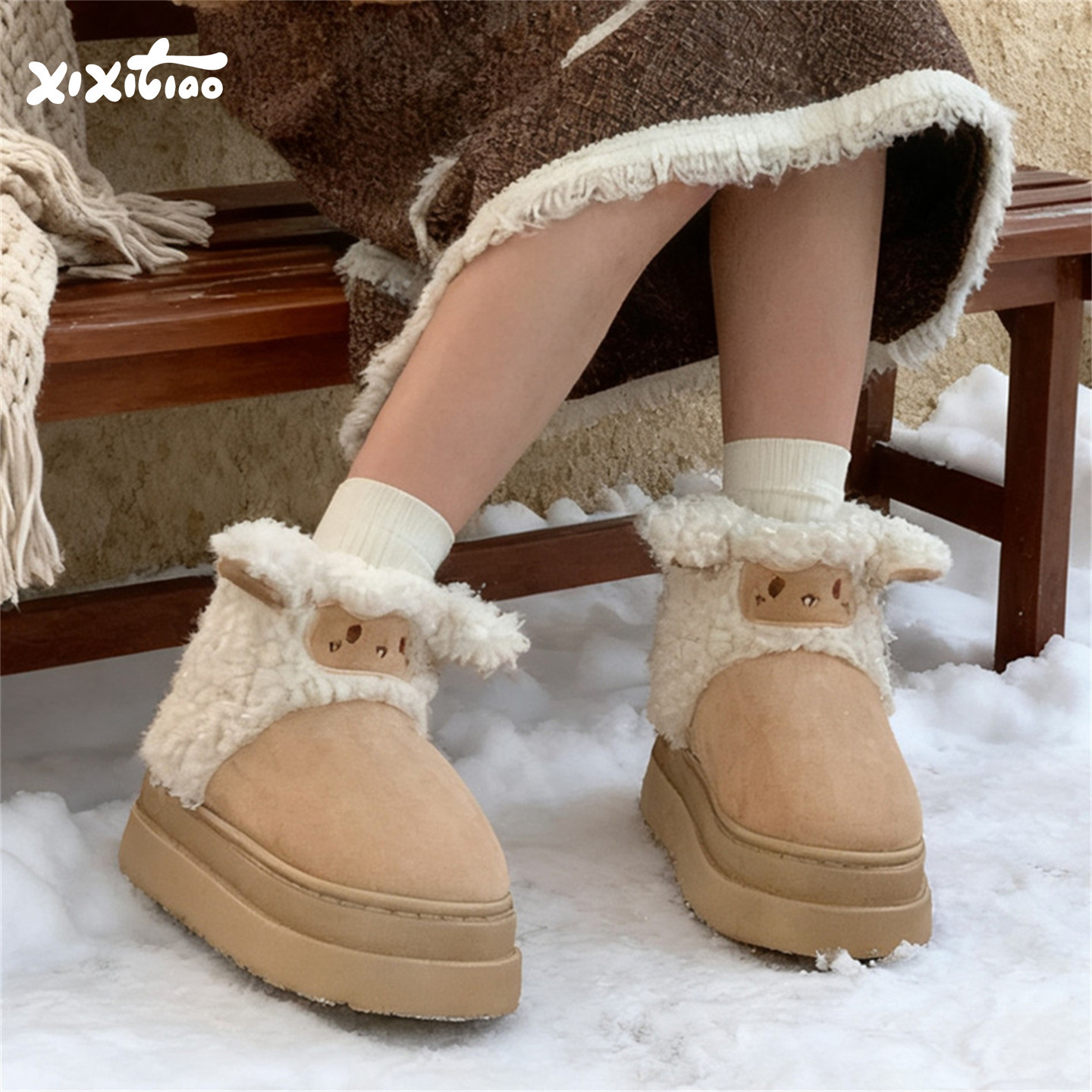 保暖防滑厚底可爱卷毛小羊雪地靴