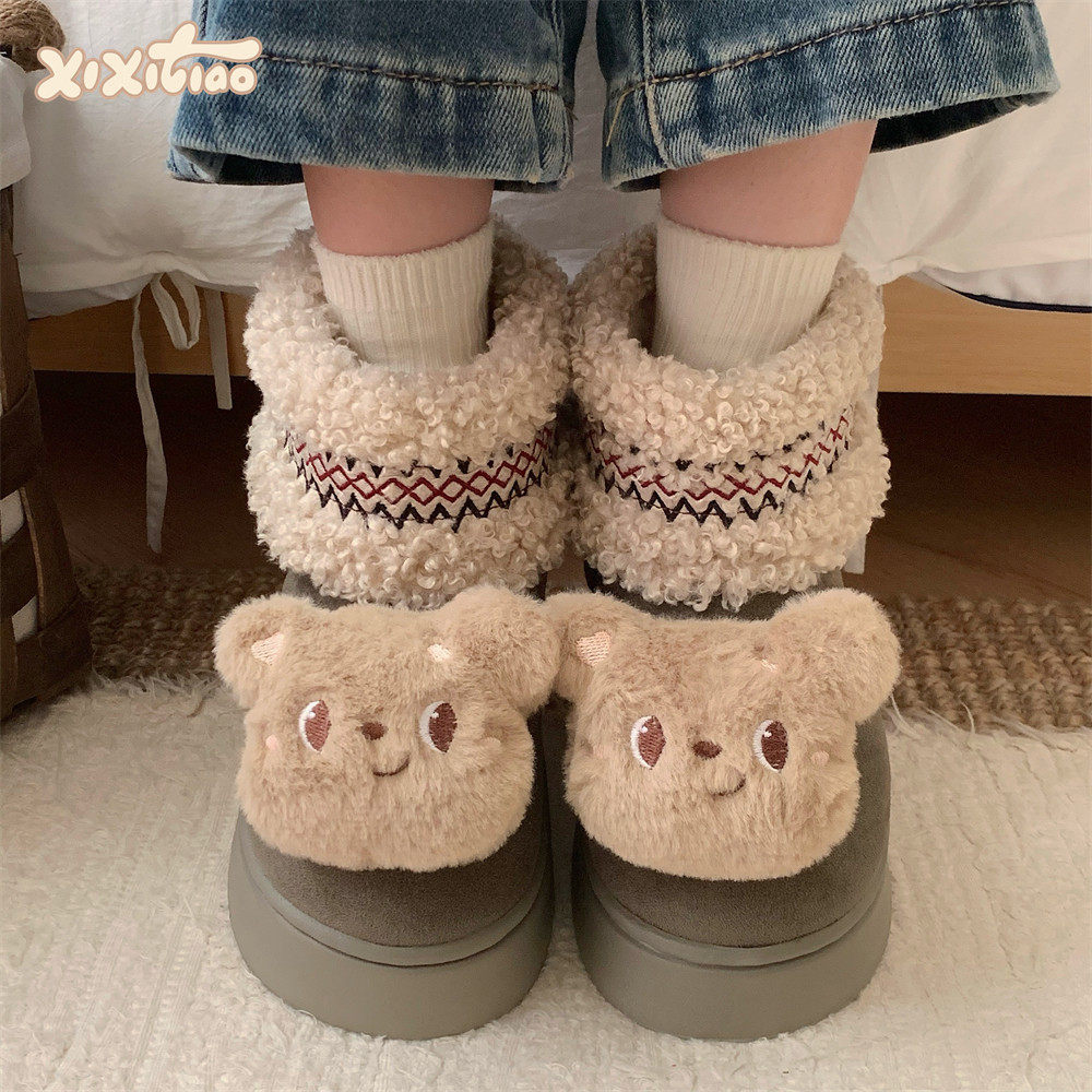 细细条复古拼色女士保暖雪地靴加绒冬立体毛绒小熊民族东北棉靴,女鞋,时尚雪地靴,淘宝优惠券,粉丝福利购,淘宝优惠卷