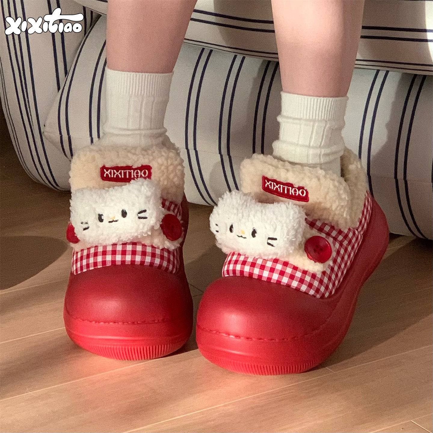 细细条 防滑外穿可爱小猫厚底棉鞋撞色格子乐福豆豆鞋面包鞋女冬,居家布艺,居家棉拖/棉鞋,淘宝优惠券,粉丝福利购,淘宝优惠卷