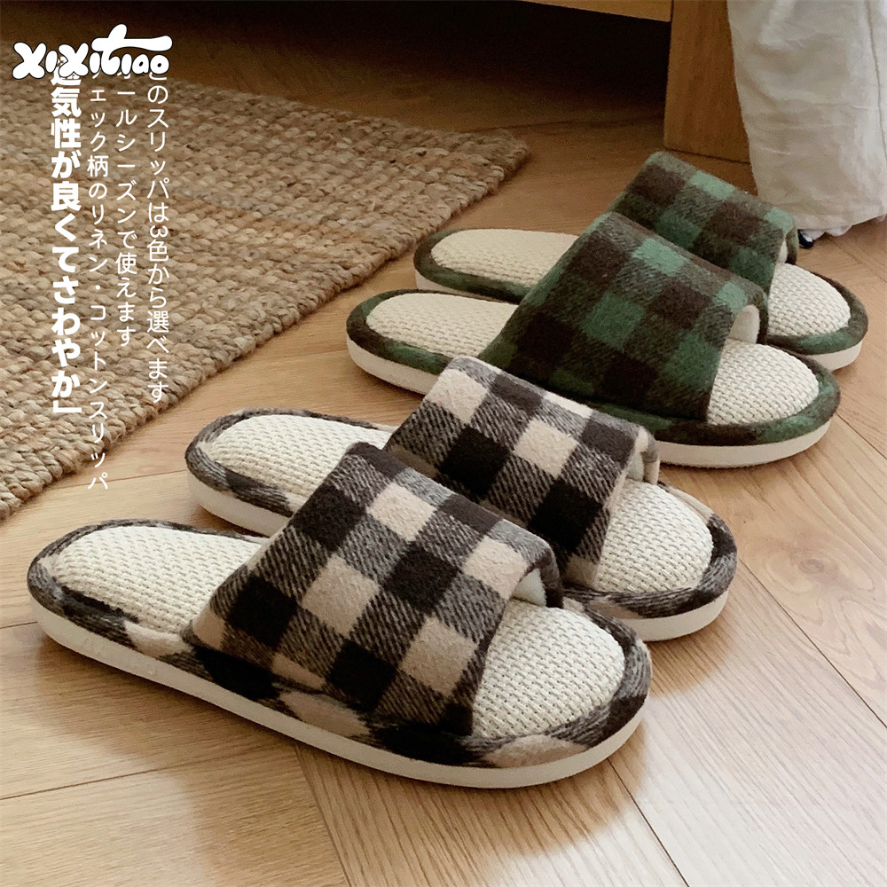 棉麻拖鞋吸汗撞色格子复古透气