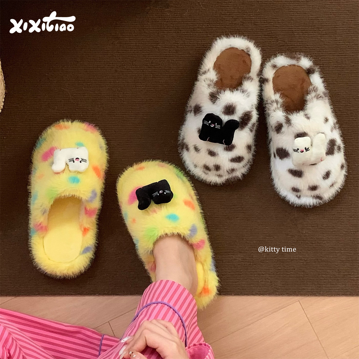 细细条 趣味黑白小猫包头棉拖鞋女防滑学生室内家居保暖冬毛毛鞋,居家布艺,居家棉拖/棉鞋,淘宝优惠券,粉丝福利购,淘宝优惠卷