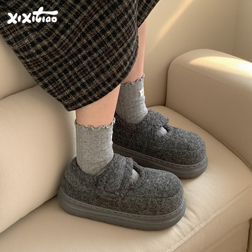 细细条豆豆棉鞋ins魔术贴面包鞋