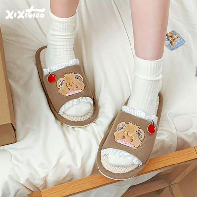 mikko联名小熊时尚吸汗棉麻拖鞋