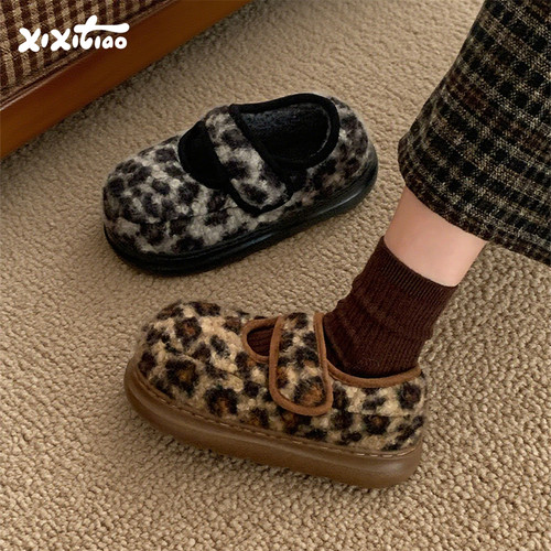 细细条面包鞋棉鞋豹纹魔术贴厚底