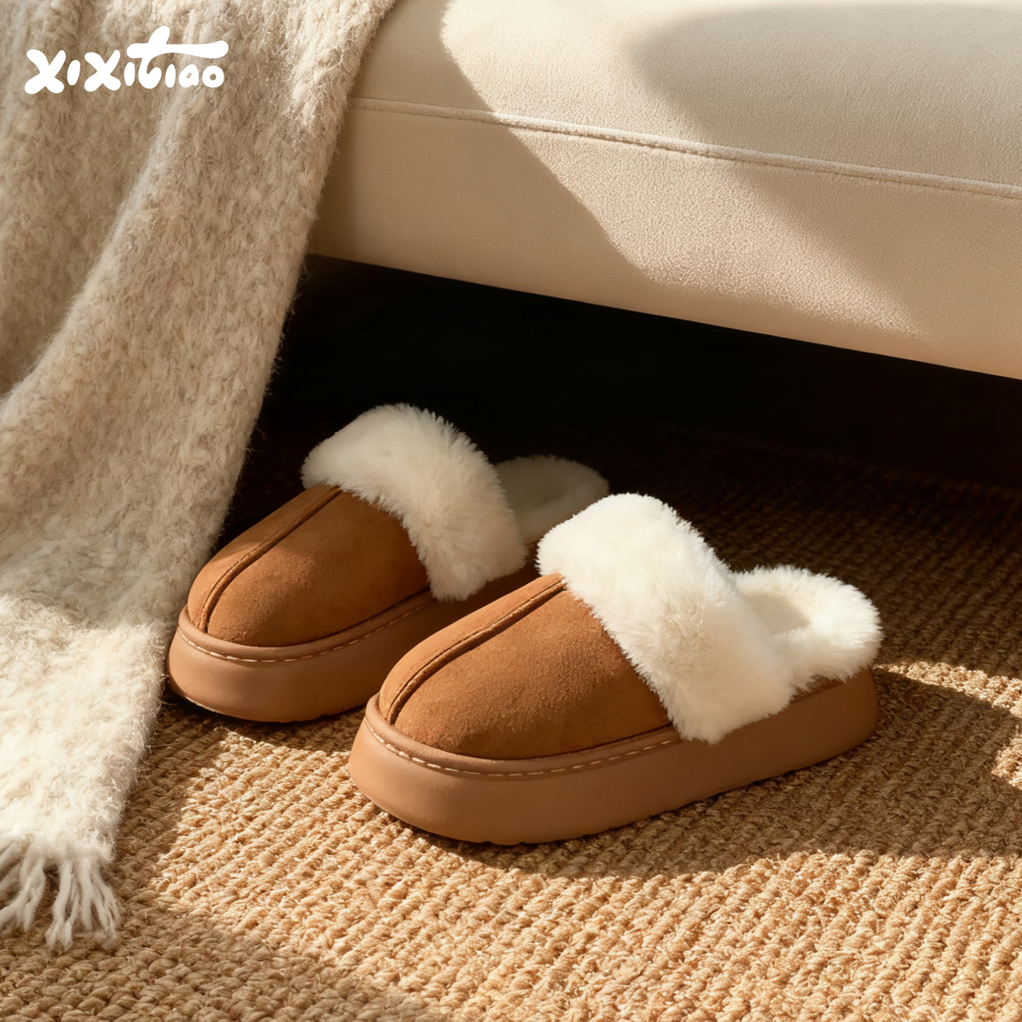 细细条 厚底居家防滑复古棉拖鞋女时尚保暖ins外穿毛毛月子鞋冬季