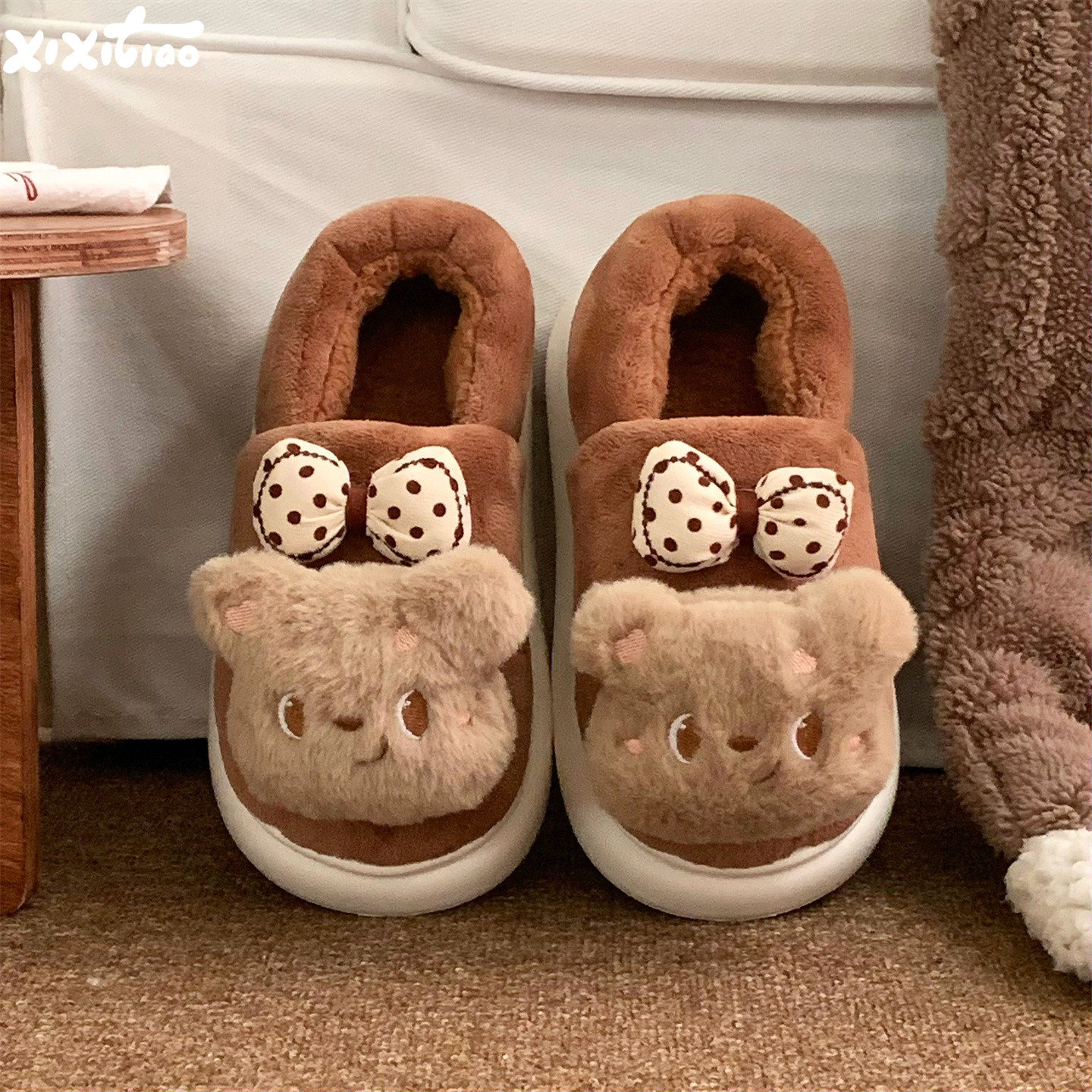 细细条 家用女冬防滑可爱毛毛鞋少女心软萌蝴蝶结小熊包跟棉拖鞋,居家布艺,居家棉拖/棉鞋,淘宝优惠券,粉丝福利购,淘宝优惠卷