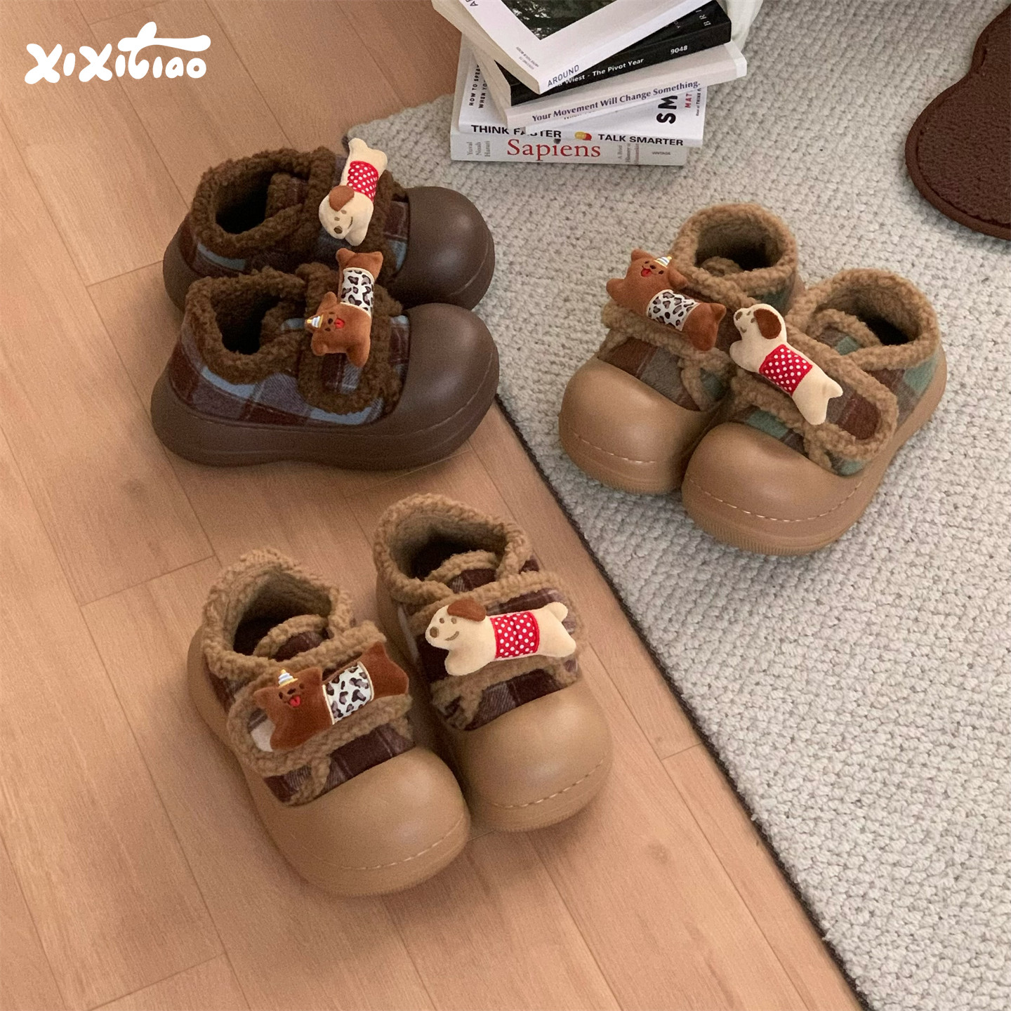 细细条趣味小狗面包鞋毛毛棉鞋