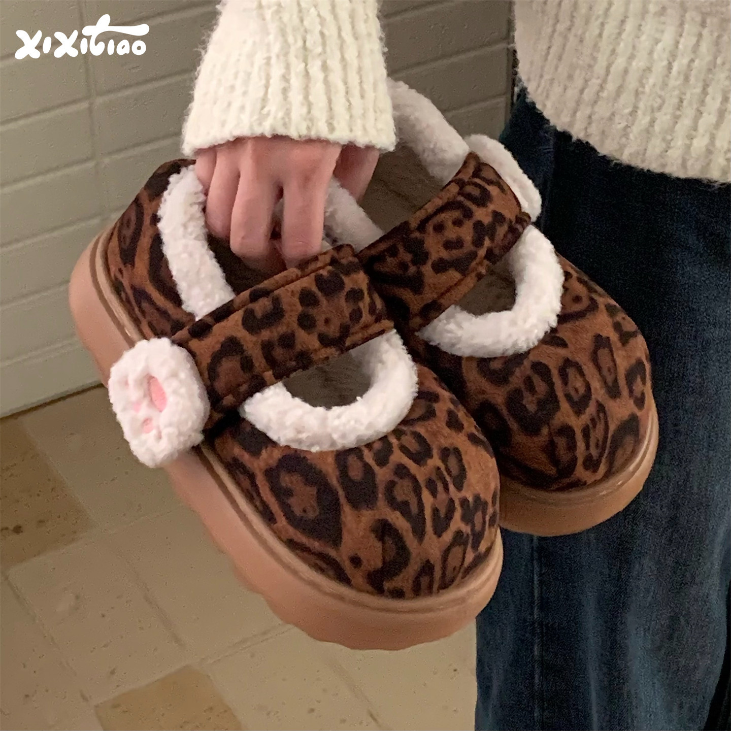 细细条 高级感豹纹玛丽珍棉鞋时尚魔术贴可爱猫爪防滑豆豆鞋女冬,居家布艺,居家棉拖/棉鞋,淘宝优惠券,粉丝福利购,淘宝优惠卷