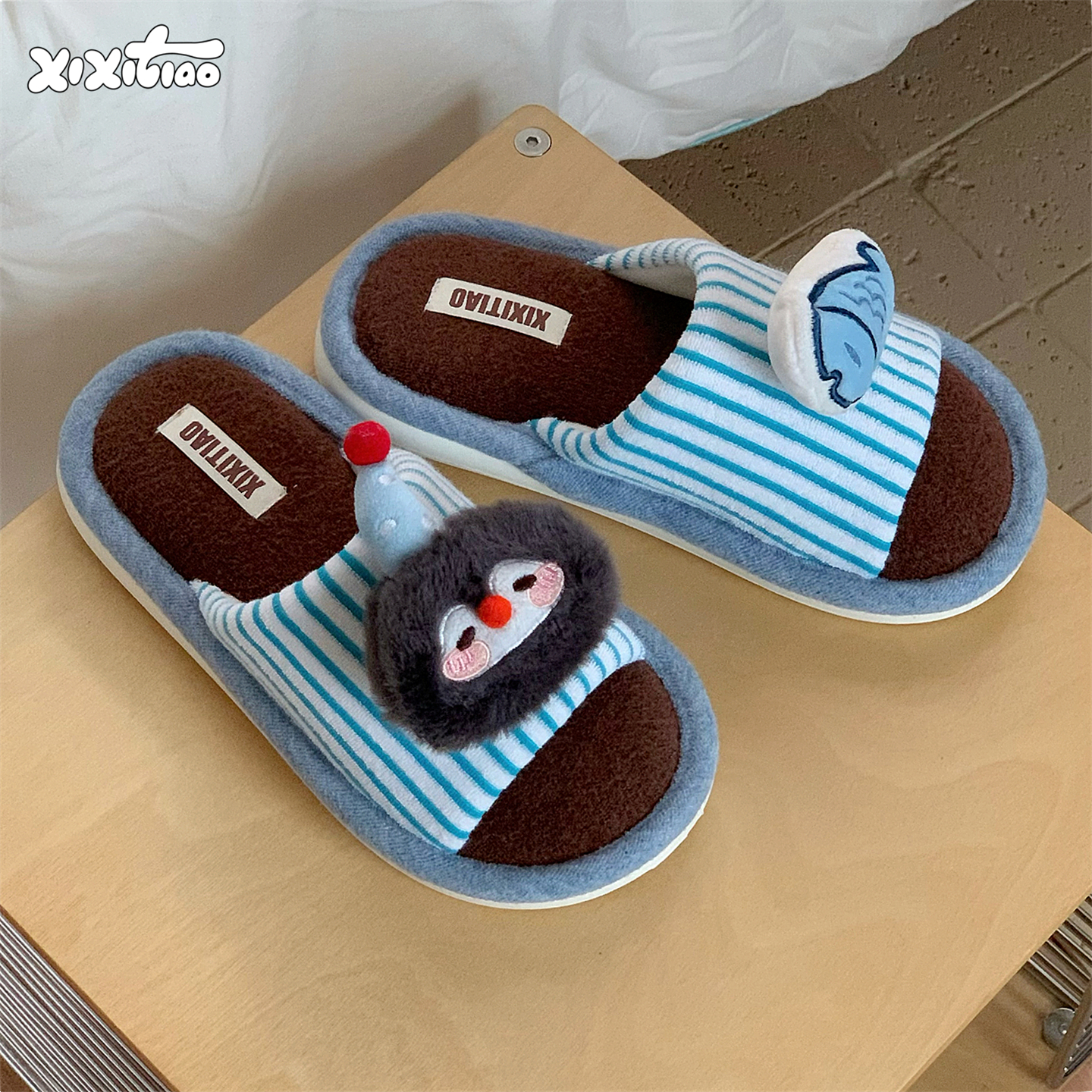 细细条可爱企鹅小鱼情侣棉拖鞋